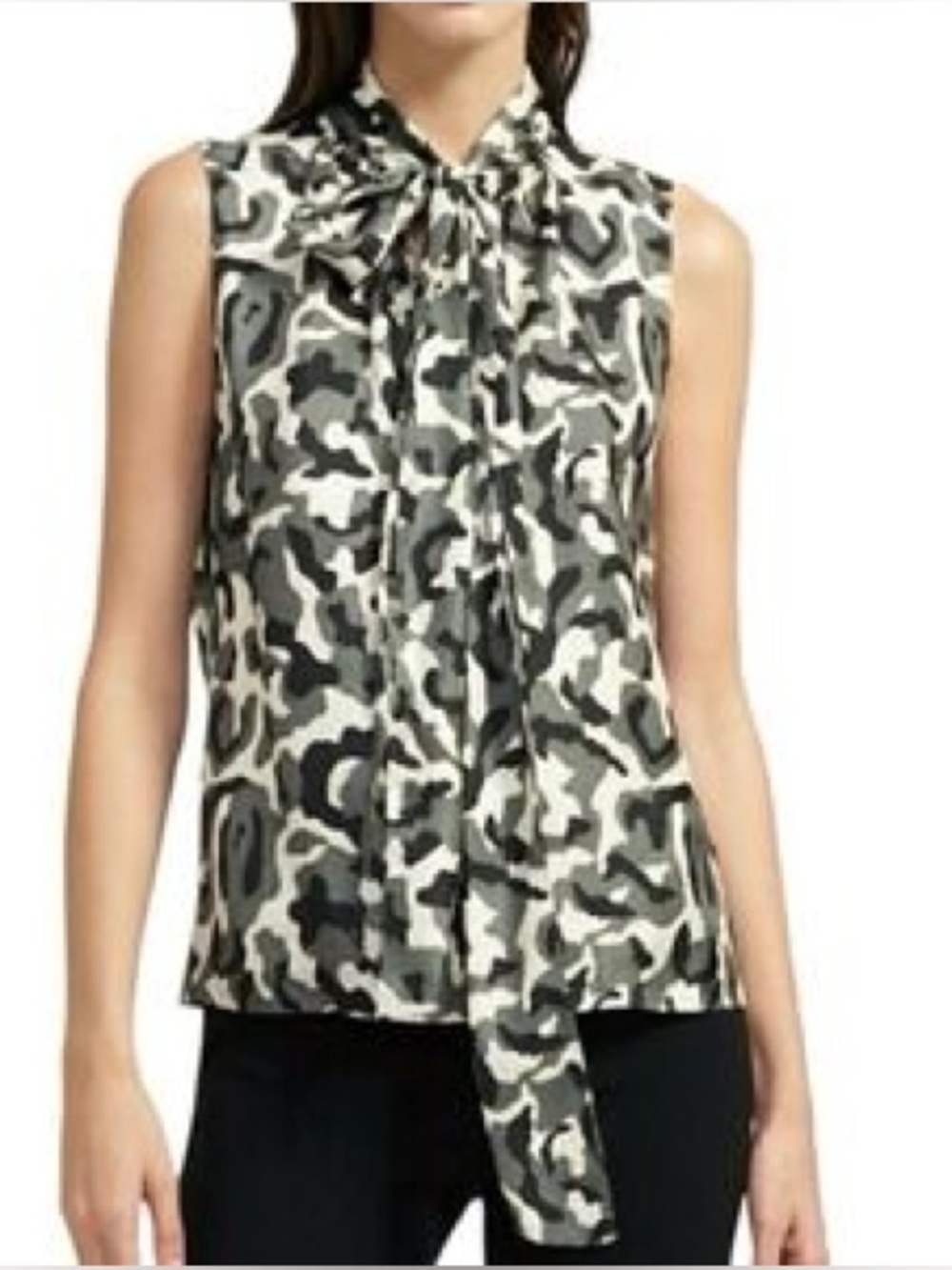 Theory Sleeveless Silk Tie-Neck Camouflage Print Top - Black & White